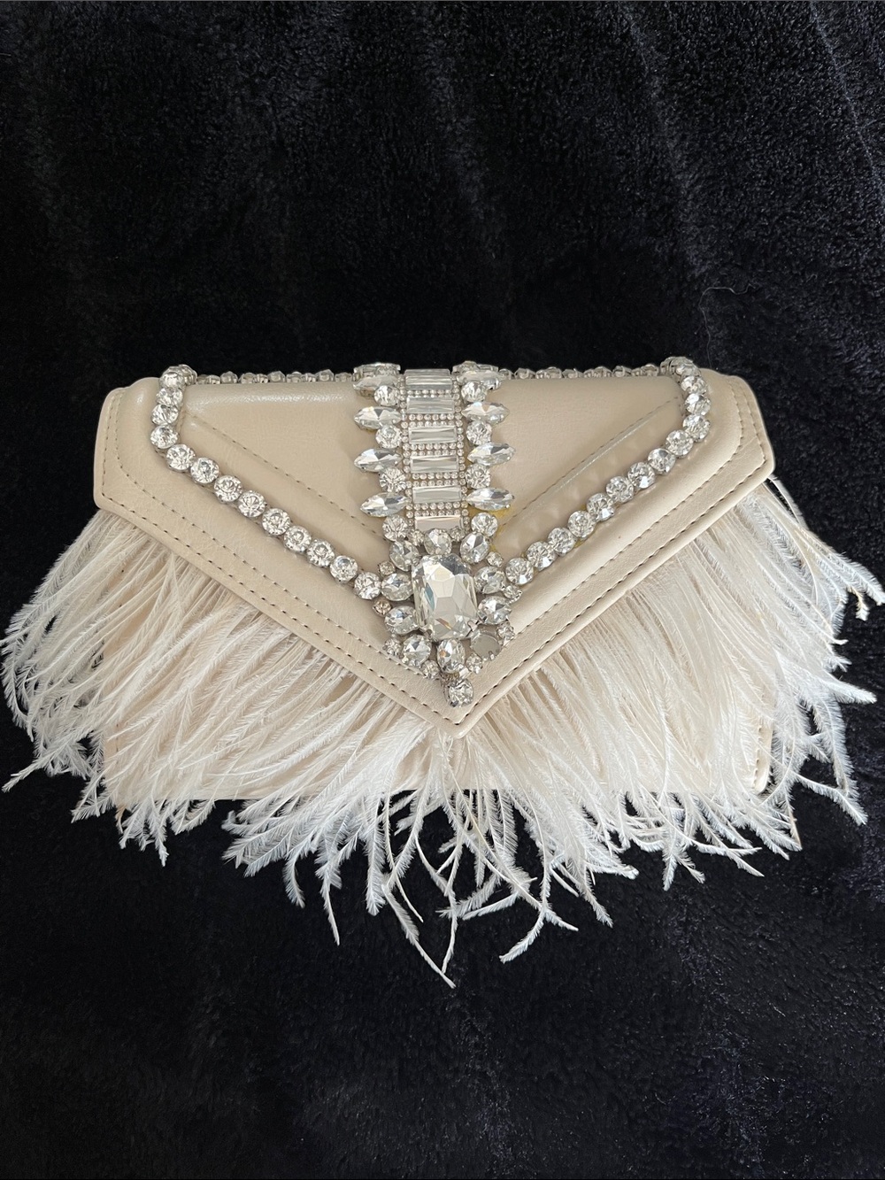 Cream Feather and Crystal Embellished Evening Clutch
